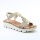 Gold woven crisscross sandal with a metallic heel strap, cushioned footbed, and a chunky white platform sole on a white background.