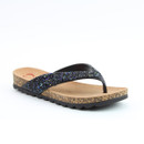 Black glitter thong sandal with a cork footbed and textured black sole on a white background.