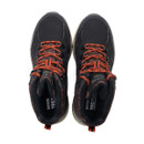 Top-down view of the pair of hiking boots showing orange laces, padded collars, and branded insoles.
