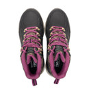 Top-down view of the pair of boots showing pink laces, padded pink collars, and branded insoles.