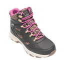 Black and zebra-print waterproof hiking boot with pink laces and a thick cream sole, shown from a front three-quarter angle.