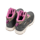 Pair of hiking boots shown from the back with zebra-print collars, pink heel pull tabs, and cream soles.