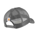 Steel grey Carhartt mesh-back cap shown from the back, with adjustable snapback strap and logo tag.