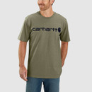 Male model wearing a dusty olive short-sleeve Carhartt T-shirt with large navy logo across the chest, paired with blue jeans.