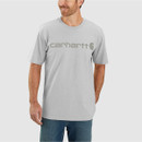 Model wearing a light grey Carhartt short-sleeve T-shirt with tonal chest logo, paired with blue jeans.