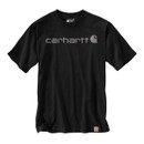 Black Carhartt short-sleeve T-shirt laid flat, featuring a grey logo print on the chest and a small hem label.