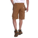 Model wearing brown ripstop cargo shorts, back view with rear pockets and logo patch.
