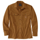 Front flat lay of a tan Carhartt shirt jacket with button front, two flap chest pockets and two lower hand pockets.