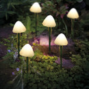 Set of six mushroom-shaped solar stake lights glowing warm white, arranged among garden plants and stones at night.