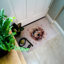 Cosy entryway with a dog-themed mat featuring a fluffy dog's face. Nearby are a plant, tennis ball, and leash, creating a welcoming, pet-friendly vibe.