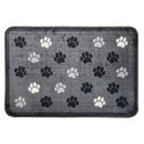Grey doormat with black, white, and gray paw prints in a scattered pattern. The playful design and varied colours create a cosy atmosphere.