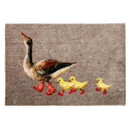A beige mat design featuring a duck and three ducklings, all wearing red boots, marching forward. The mat is speckled with small, colourful dots.