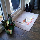 A doormat with a painted duck and ducklings is by a glass door. Nearby are black boots and a potted plant with dark green leaves.