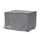 Grey protective cover designed to fit a square garden table, with securing straps at the base.
