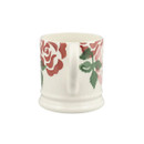 Back view of half-pint ceramic mug with pink and red rose pattern, shown on a white background with the handle centred.