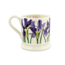 Side view of the Emma Bridgewater blue iris half-pint mug with curved handle and painted iris flowers.