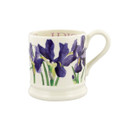 Emma Bridgewater blue iris half-pint mug with hand-painted purple iris flowers on a cream body.