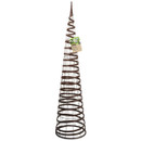 Brown spiral garden obelisk trellis on a white background with a hanging product tag attached.