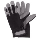 Pair of black and grey gardening gloves with adjustable wrist straps displayed on a white background.