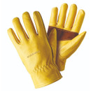 Pair of yellow leather work gloves displayed on a white background.