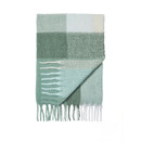 Folded green and cream check throw blanket on a white background, showing woven texture and tassels.