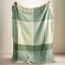 Green and cream checked throw blanket held open to display full size and fringed hem.