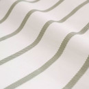 Extreme close-up of the striped bedding fabric highlighting the soft weave and sage green stripe detail.