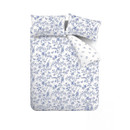 White duvet cover with blue floral print displayed flat with matching pillowcases on a plain background.