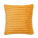 Front view of mustard yellow ribbed faux fur cushion isolated on a white background