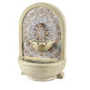 Elegant wall fountain with a beige stone finish, featuring a detailed floral pattern in brown and gray. Water flows gently into a round basin.