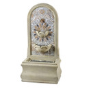Elegant tabletop fountain with stone finish features intricate floral patterns and two-tiered water flow, creating a serene and calming ambiance.