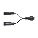 Black Y-splitter cable with one connector branching into two female sockets, shown on a white background.