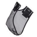 Black mesh horse fly mask shown on a white background, featuring a contoured shape and secure fastening for a comfortable fit.