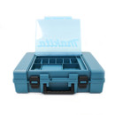Makita blue tool case open showing internal storage compartments and organiser lid.