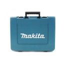 Makita blue tool case with black carry handle and logo, back view.