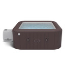 Brown Lay-Z-Spa Maldives inflatable hot tub shown filled with water on a white background, highlighting its rectangular shape and external pump.