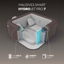 Cross-section graphic of the Lay-Z-Spa Maldives Smart HydroJet Pro 7 highlighting MaxHold beams, EnergySense insulation and reinforced Tritech wall construction.