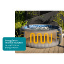 Inflatable hot tub showing EnergySense thermal insulation graphic highlighting up to 40% improved energy efficiency.