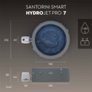 Technical diagram showing Lay-Z-Spa Santorini dimensions, water capacity and seating for up to seven people.