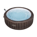 Top-down angled view of the Lay-Z-Spa Bali hot tub filled with bubbling water, highlighting the round shape and textured exterior.