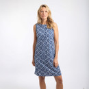 Women’s sleeveless blue and white printed shift dress, knee length, front view.