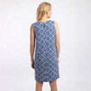 Women’s sleeveless blue and white printed shift dress with keyhole back detail, back view.