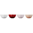 Side profile of four heart-shaped stoneware mini bowls in white, red, pale pink and blush, highlighting the ribbed design.