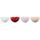 Front view of four heart-shaped mini bowls in assorted colours, showing their rounded sides and ridged detailing.