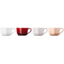 Side profile of four glossy heart-shaped mugs in white, red, pale pink and blush, showing the ridged base detail.