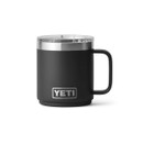 YETI Rambler 10 oz mug in black, front view with handle, stainless steel rim, and YETI logo