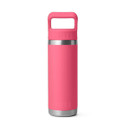 YETI Rambler 18 oz straw bottle in tropical pink, back view with carry handle and stainless steel base