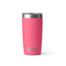 Tropical pink YETI Rambler tumbler, front view with stainless steel rim and YETI logo.