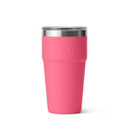 Rear view of pink YETI Rambler 20 oz stackable cup showing smooth matte finish and stainless steel rim.