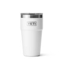 White YETI Rambler 20 oz stackable insulated cup with stainless steel rim and clear lid, shown on a white background.